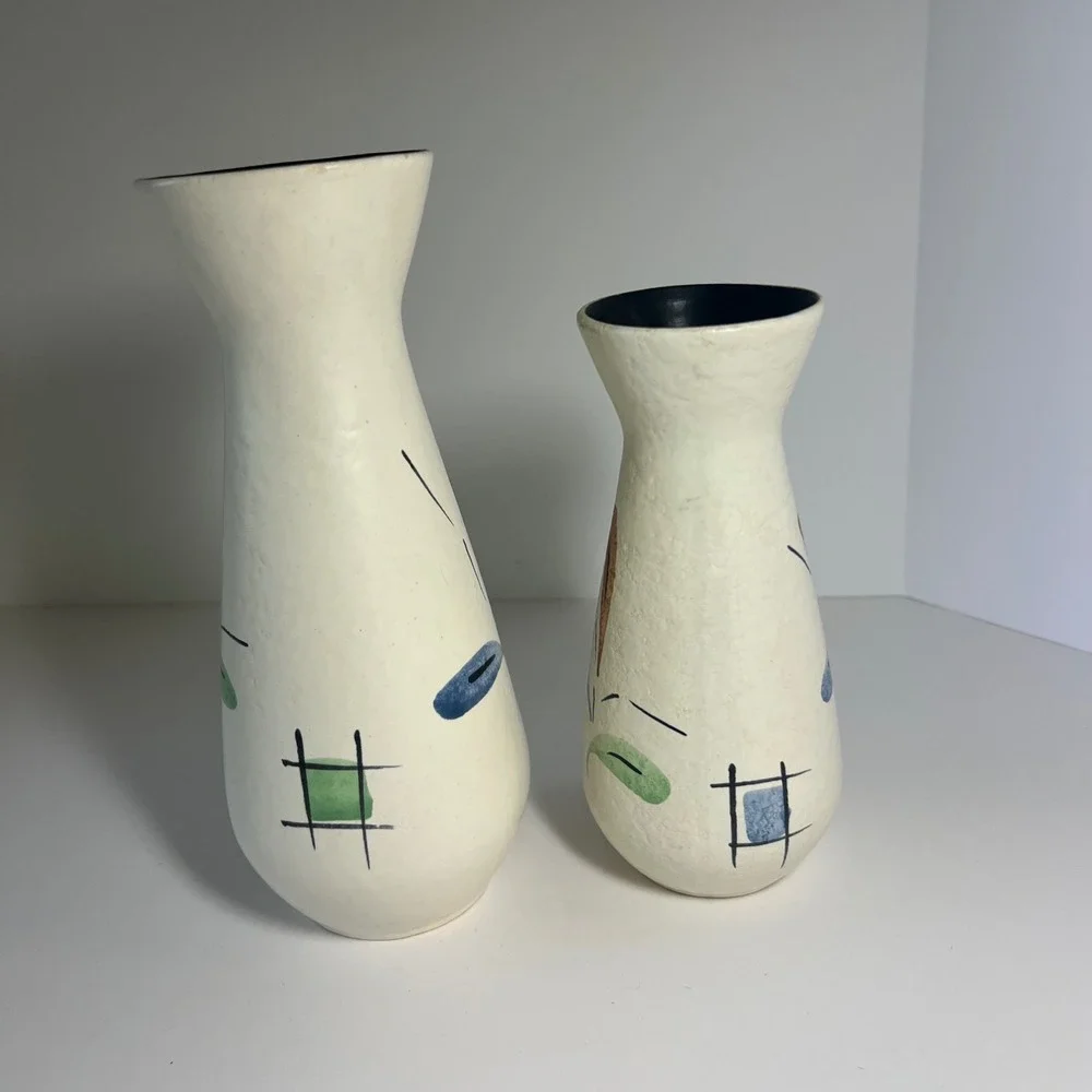 Fohr Keramik Vintage‎ MCM German Pottery Vases Floral Abstract Cream 6.5